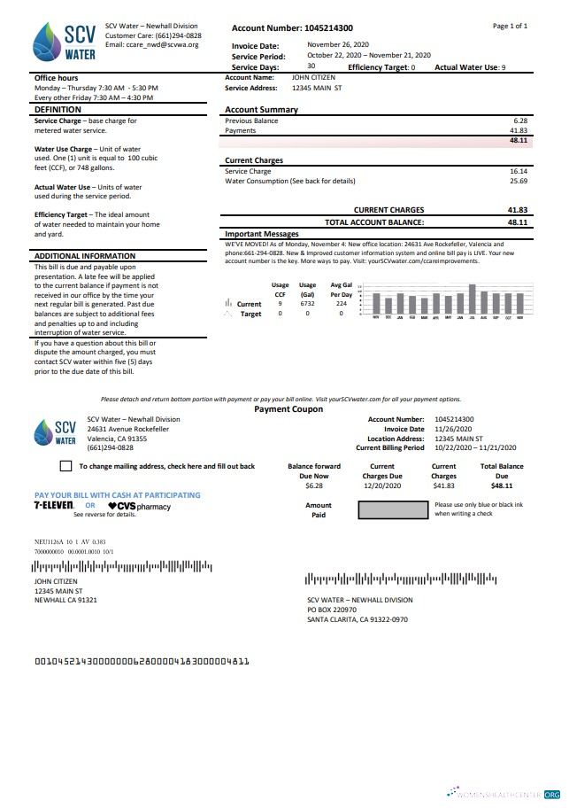 download USA California Santa Clarita SCV Water utility bill template in Word and PDF format PDF template